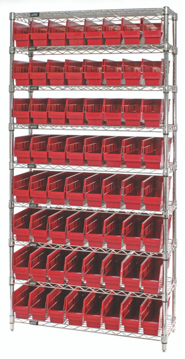 WR9-203RD Bin Wire Shelving System, 36"W x 18"D x 74"H overall size, 800 lb. capacity per shelf, includes: (9) wire shelves, (4) posts, and (64) QSB203 red bins, chrome plated finish