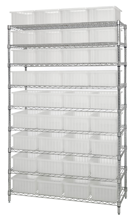 WR9-92060CL Bin Wire Shelving System, 48"W x 18"D x 74"H overall size, 800 lb. capacity per shelf, includes: (9) wire shelves, (4) posts, and (36) DG92060 clear containers, chrome plated finish