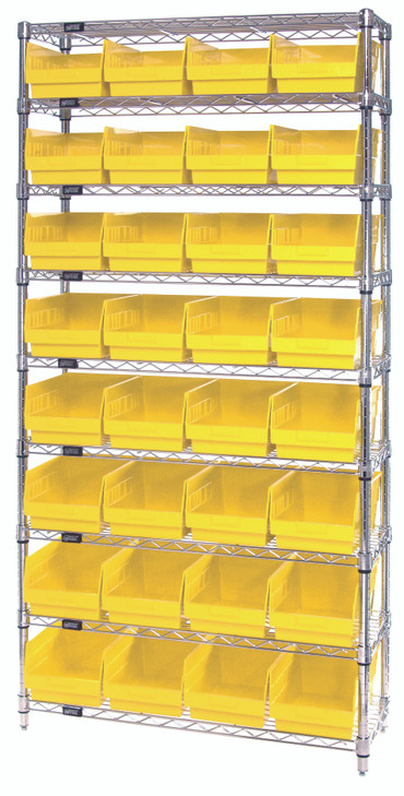 WR9-214YL Bin Wire Shelving System, 36"W x 24"D x 74"H overall size, 800 lb. capacity per shelf, includes: (9) wire shelves, (4) posts, and (32) QSB214 yellow bins, chrome plated finish