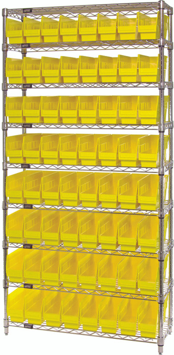 WR9-203YL Bin Wire Shelving System, 36"W x 18"D x 74"H overall size, 800 lb. capacity per shelf, includes: (9) wire shelves, (4) posts, and (64) QSB203 yellow bins, chrome plated finish