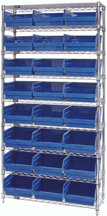 WR9-216BL Bin Wire Shelving System, 36"W x 24"D x 74"H overall size, 800 lb. capacity per shelf, includes: (9) wire shelves, (4) posts, and (24) QSB216 blue bins, chrome plated finish