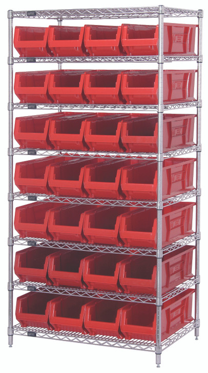 WR8-970RD Bin Wire Shelving System, 36"W x 30"D x 74"H overall size, 800 lb. capacity per shelf, includes: (8) wire shelves, (4) posts, and (28) QUS970 red bins, chrome plated finish