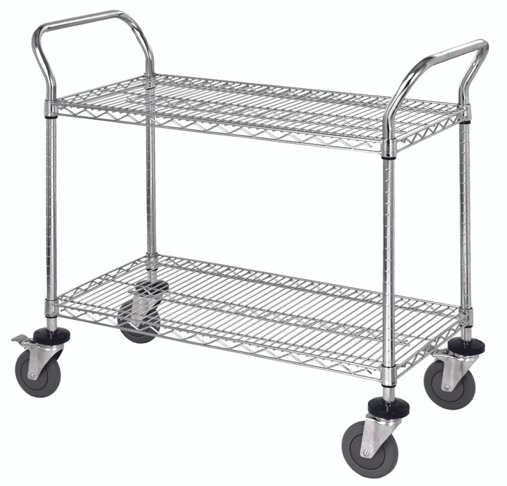 WRC-1836-2S Utility Cart, 36"W x 18"D x 37-1/2"H, (2) wire shelves, 1200 lb. capacity, (2) "U" shaped handles, open base, donut bumpers, (4) 5" polyurethane swivel casters (2 with brakes), 304 stainless steel finish, NSF