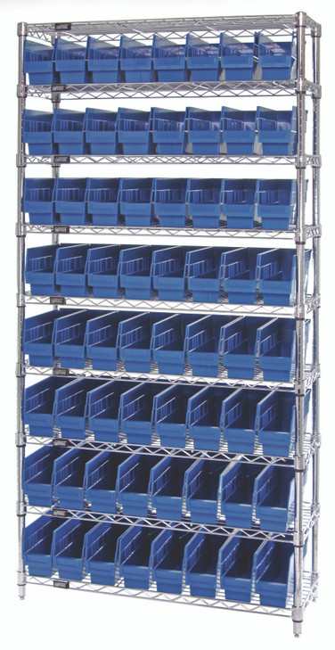 WR9-201BL Bin Wire Shelving System, 36"W x 12"D x 74"H overall size, 800 lb. capacity per shelf, includes: (9) wire shelves, (4) posts, and (64) QSB201 blue bins, chrome plated finish