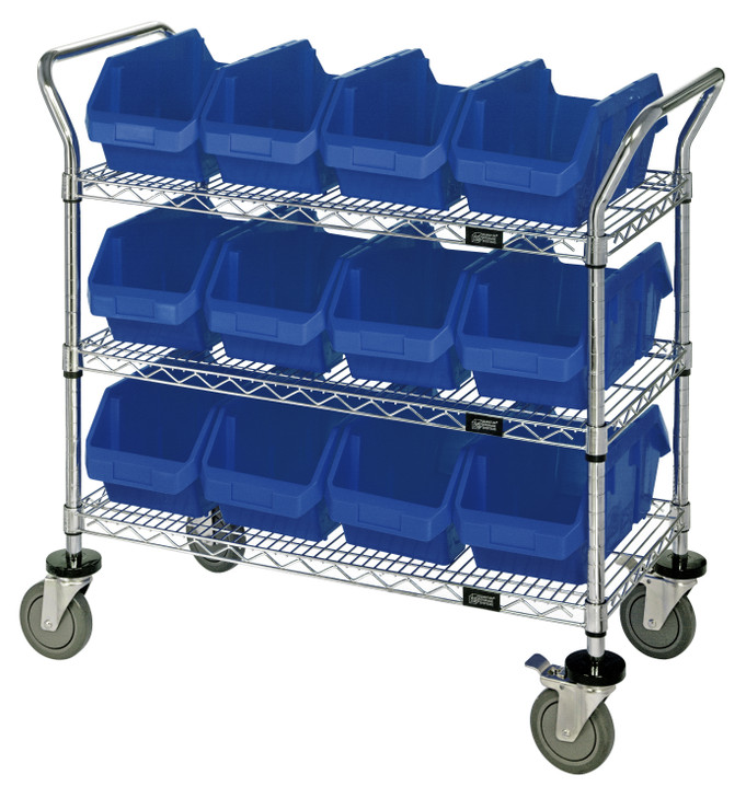 WRC3-1836-1285BL Utility Cart, 36"W x 18"D x 37-1/2"H, includes: (3) wire shelves, (12) 12-1/2"W x 8-3/8"D x 5"H (QP1285) blue bins and (2) swivel casters, (2) with brake, chrome plated finish, shipped KD