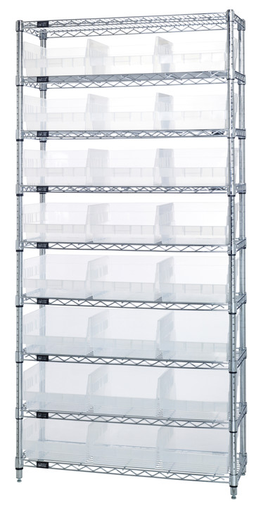 WR9-209CL Bin Wire Shelving System, 36"W x 12"D x 74"H overall size, 800 lb. capacity per shelf, includes: (9) wire shelves, (4) posts, and (24) QSB209 clear bins, chrome plated finish