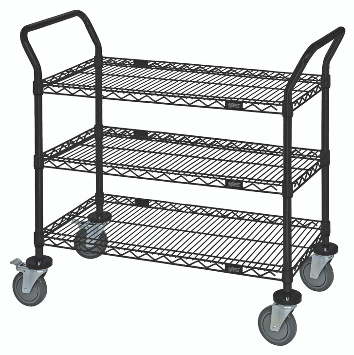 WRC-2448BK-3 Utility Cart, 48"W x 24"D x 37-1/2"H, (3) wire shelves, 1200 lb. capacity, (2) "U" shaped handles, open base, donut bumpers, (4) 5" polyurethane swivel casters (2 with brakes), black epoxy antimicrobial finish, NSF