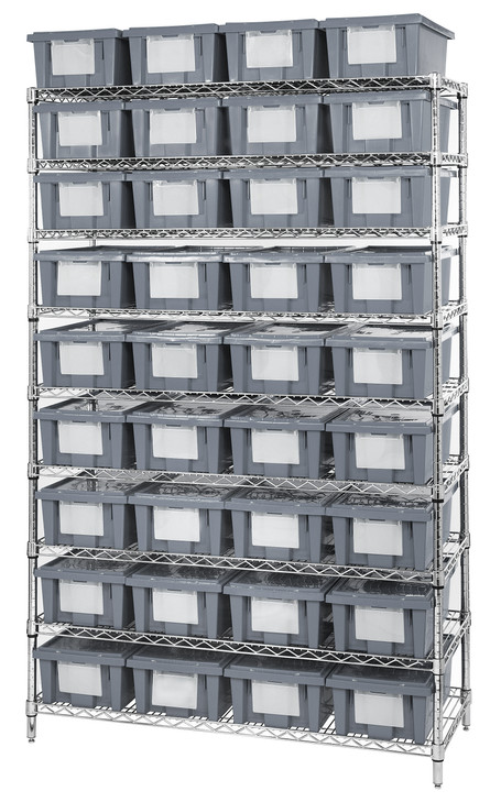 WR9-36180GY Bin Wire Shelving System, 48"W x 18"D x 74"H overall size, 800 lb. capacity per shelf, includes: (9) wire shelves, (4) posts, and (36) SNT180 gray containers, chrome plated finish