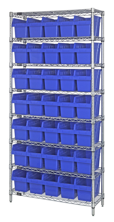 WR8-802BL Bin Wire Shelving System, 36"W x 12"D x 74"H overall size, 800 lb. capacity per shelf, includes: (8) wire shelves, (4) posts, and (35) QSB802 blue bins, chrome plated finish
