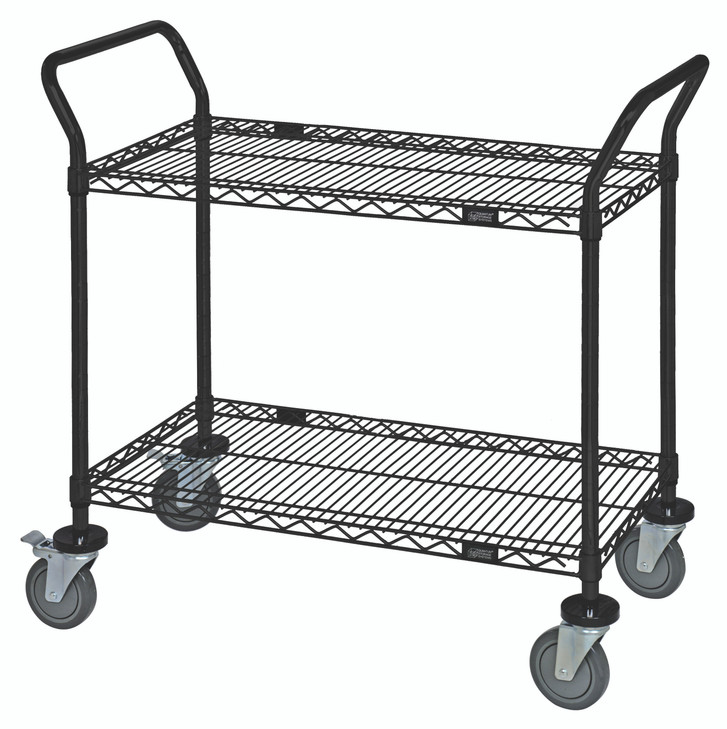 WRC-1848BK-2 Utility Cart, 48"W x 18"D x 37-1/2"H, (2) wire shelves, 1200 lb. capacity, (2) "U" shaped handles, open base, donut bumpers, (4) 5" polyurethane swivel casters (2 with brakes), black epoxy antimicrobial finish, NSF