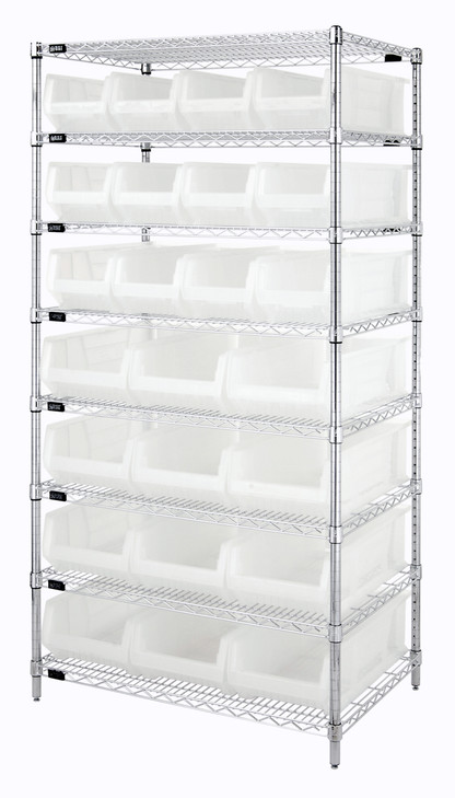 WR8-950952CL Bin Wire Shelving System, 36"W x 24"D x 74"H overall size, 800 lb. capacity per shelf, includes: (8) wire shelves, (4) posts, (12) QUS950 and (12) QUS952 clear bins, chrome plated finish
