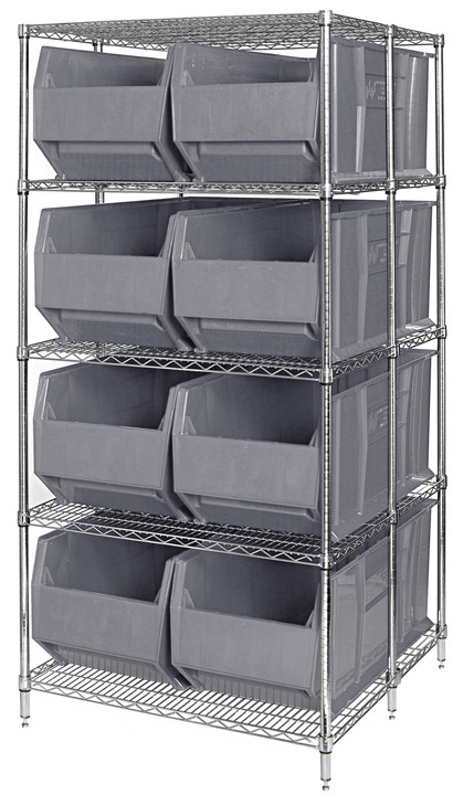 WRA86-2136C-166GY RackBin 42" Container Wire Shelving System, 42"D x 36"W x 86"H, includes: 5-tier of shelving and (8) QRB166 gray containers, chrome plated finish, shipped KD
