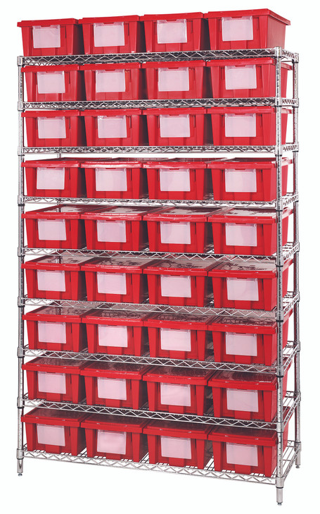 WR9-36180RD Bin Wire Shelving System, 48"W x 18"D x 74"H overall size, 800 lb. capacity per shelf, includes: (9) wire shelves, (4) posts, and (36) SNT180 red containers, chrome plated finish