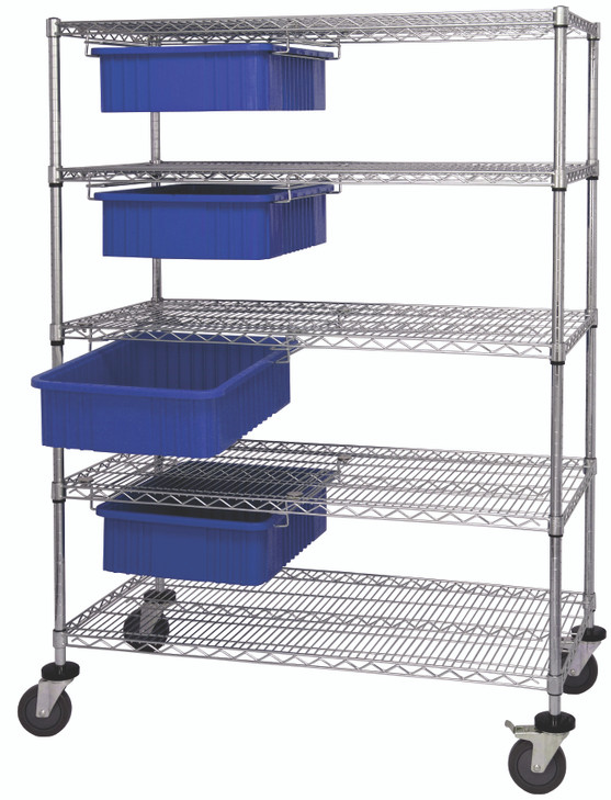 WRC5-63-2448-93060BL Bin Cart System, 48"W x 24"D x 69"H, 1200 lb. load capacity, (4) modular drawers with dividable grid blue container included (DG93060), chrome plated finish, shipped KD
