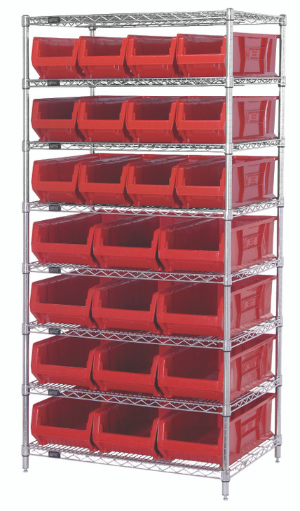 WR8-950952RD Bin Wire Shelving System, 36"W x 24"D x 74"H overall size, 800 lb. capacity per shelf, includes: (8) wire shelves, (4) posts, (12) QUS950 and (12) QUS952 red bins, chrome plated finish