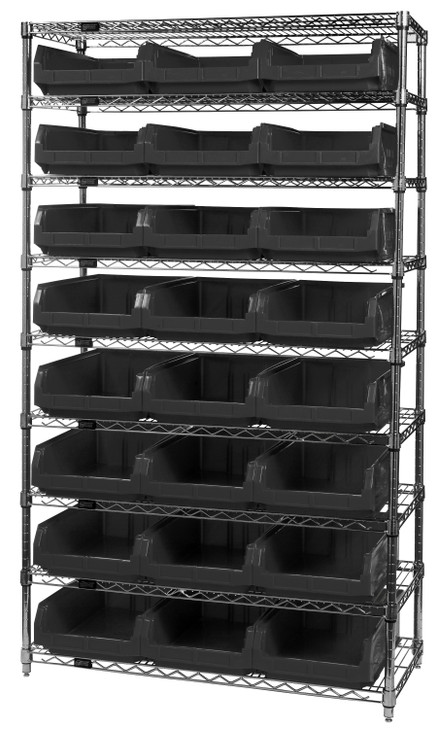 WR9-531BK Bin Wire Shelving System, 42"W x 18"D x 74"H overall size, 800 lb. capacity per shelf, includes: (9) wire shelves, (4) posts, and (24) QMS531 black bins, chrome plated finish
