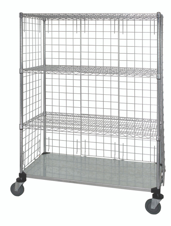 WRCS4-63-2436EP Wire Enclosed Cart, mobile, 36"W x 24"D x 69"H, 1200 lb. capacity, includes: (3) wire shelves, (1) solid galvanized steel shelf, (4) 63"H post, (4) enclosure panels, (4) donut bumpers, (4) 5" thermoplastic resin casters