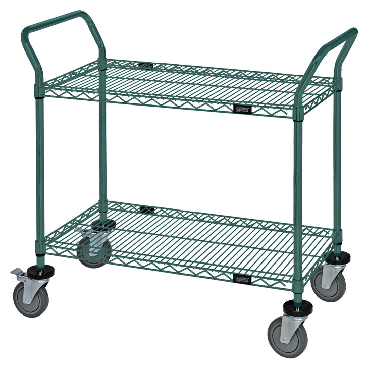 WRC-2448P-2 Utility Cart, 48"W x 24"D x 37-1/2"H, (2) wire shelves, 1200 lb. capacity, (2) "U" shaped handles, open base, donut bumpers, (4) 5" polyurethane swivel casters (2 with brakes), green epoxy antimicrobial finish, NSF