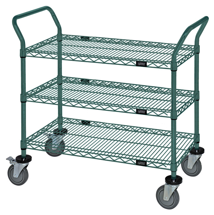 WRC-2442P-3 Utility Cart, 42"W x 24"D x 37-1/2"H, (3) wire shelves, 1200 lb. capacity, (2) "U" shaped handles, open base, donut bumpers, (4) 5" polyurethane swivel casters (2 with brakes), green epoxy antimicrobial finish, NSF