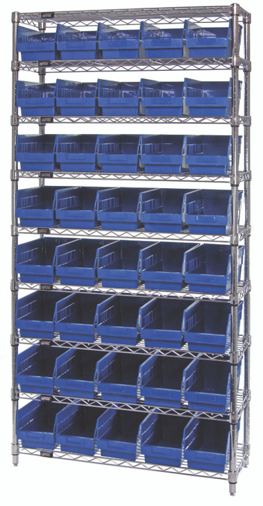 WR9-206BL Bin Wire Shelving System, 36"W x 24"D x 74"H overall size, 800 lb. capacity per shelf, includes: (9) wire shelves, (4) posts, and (40) QSB206 blue bins, chrome plated finish