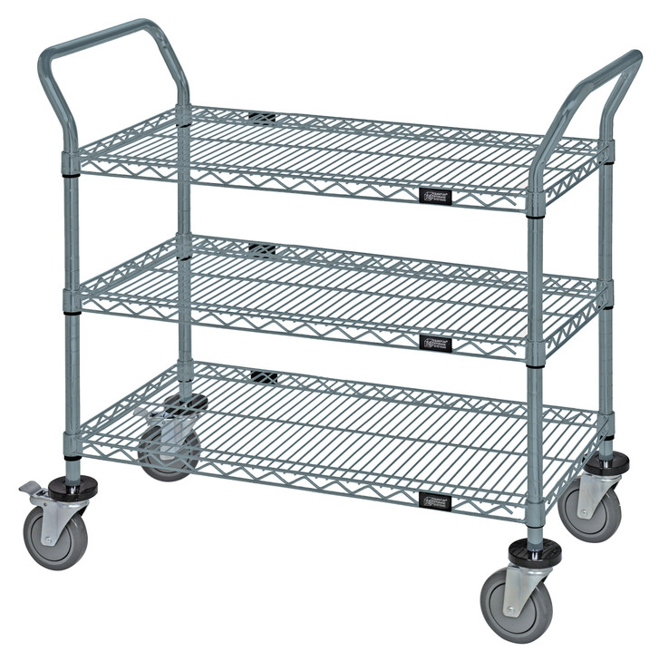 WRC-2436GY-3 Utility Cart, 36"W x 24"D x 37-1/2"H, (3) wire shelves, 1200 lb. capacity, (2) "U" shaped handles, open base, donut bumpers, (4) 5" polyurethane swivel casters (2 with brakes), gray epoxy antimicrobial finish, NSF