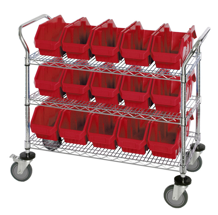 WRC3-1836-1867RD Utility Cart, 36"W x 18"D x 37-1/2"H, includes: (3) wire shelves, (15) 18-1/2"W x 6-5/8"D x 7"H (QP1867) red bins and (2) swivel casters, (2) with brake, chrome plated finish, shipped KD
