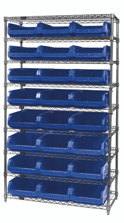 WR9-531BL Bin Wire Shelving System, 42"W x 18"D x 74"H overall size, 800 lb. capacity per shelf, includes: (9) wire shelves, (4) posts, and (24) QMS531 blue bins, chrome plated finish