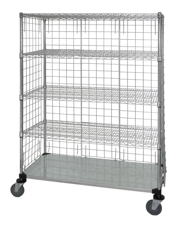 WRCS4-63-2436EP-5 Wire Enclosed Cart, mobile, 36"W x 24"D x 69"H, 1200 lb. capacity, includes: (4) wire shelves, (1) solid galvanized steel shelf, (4) 63"H post, (4) enclosure panels, (4) donut bumpers, (4) 5" thermoplastic resin casters