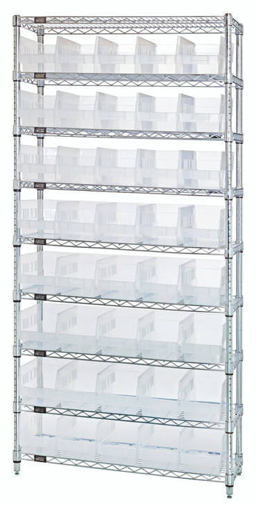 WR9-206CL Bin Wire Shelving System, 36"W x 24"D x 74"H overall size, 800 lb. capacity per shelf, includes: (9) wire shelves, (4) posts, and (40) QSB206 clear bins, chrome plated finish