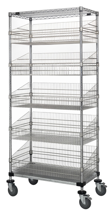 WRC74-1824CSG-5BSK Post Basket Cart, 24"W x 18"D x 80"H, 1200 lbs load capacity, includes: (1) wire and (1) solid shelves and (5) baskets, chrome plated finish, shipped KD