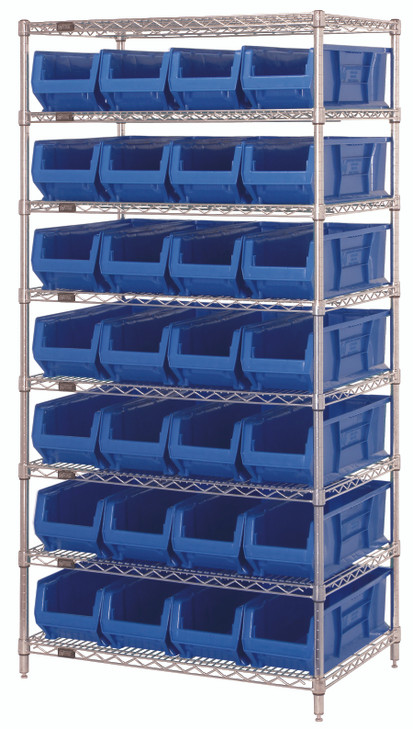 WR8-950BL Bin Systems Unit, stationary, includes: (4) posts, (8) wire shelves & (28) 23-7/8"L x 8-1/4"W x 7"H blue bins (QUS950), chrome plated finish, suitable for dry storage applications, shipped KD
