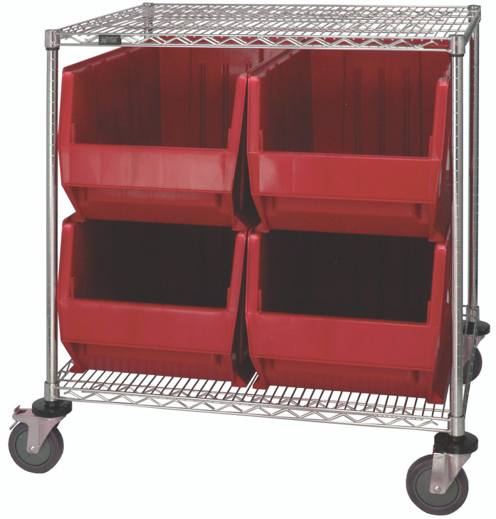 WRC2-36-3036-976RD Bin Systems Unit, stationary, (2) wire shelves, (4) posts, (4) 29"L x 16"W x 15"H bins (QUS976), (4) 5" poyurethane swivel casters (2 with brakes), bins are red and autoclavable up to 250°, cart finish: chrome