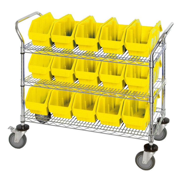 WRC3-1836-1867YL Utility Cart, 36"W x 18"D x 37-1/2"H, includes: (3) wire shelves, (15) 18-1/2"W x 6-5/8"D x 7"H (QP1867) yellow bins and (2) swivel casters, (2) with brake, chrome plated finish, shipped KD