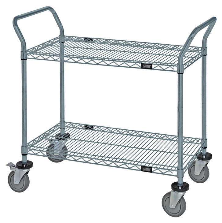 WRC-1836GY-2 Utility Cart, 36"W x 18"D x 37-1/2"H, (2) wire shelves, 1200 lb. capacity, (2) "U" shaped handles, open base, donut bumpers, (4) 5" polyurethane swivel casters (2 with brakes), gray epoxy antimicrobial finish, NSF