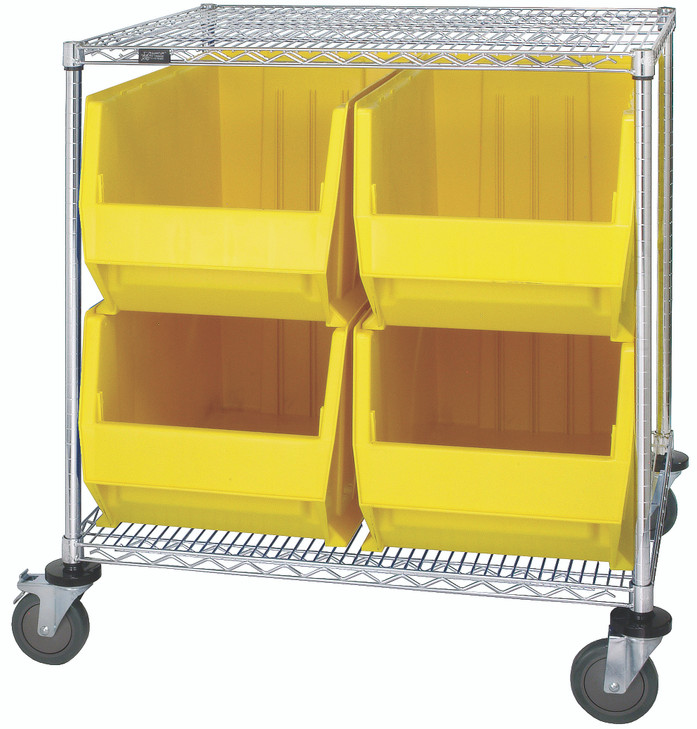 WRC2-36-3036-976YL Bin Systems Unit, stationary, (2) wire shelves, (4) posts, (4) 29"L x 16"W x 15"H bins (QUS976), (4) 5" poyurethane swivel casters (2 with brakes), bins are yellow and autoclavable up to 250°, cart finish: chrome