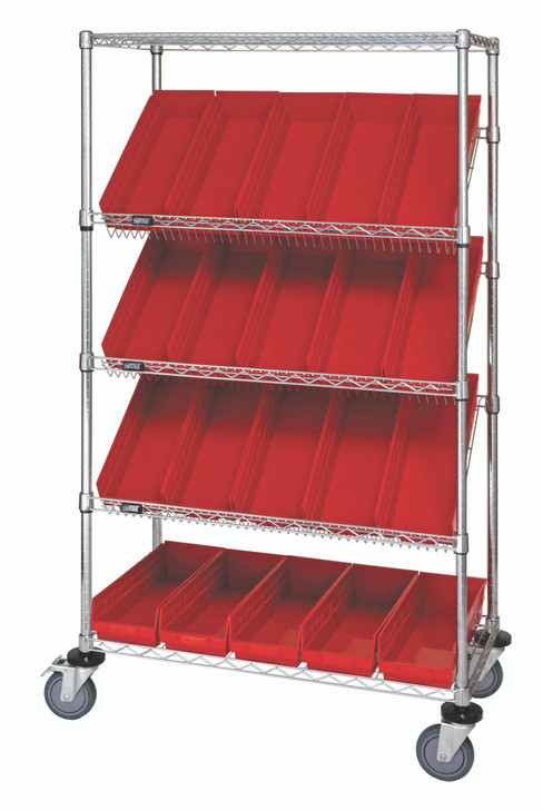WRCSL5-63-1836-104RD Slanted Shelf Cart, 36"W x 18"D x 69"H, 1200 lbs load capacity, includes: (2) flat and (3) slanted shelves, and (20) QSB104 red bins, chrome plated finish, shipped KD