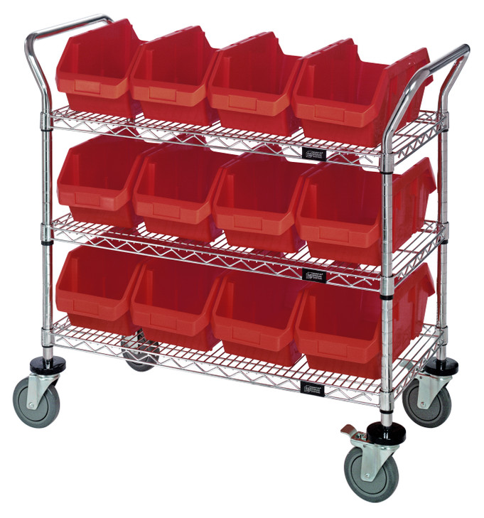 WRC3-1836-1887RD Utility Cart, 36"W x 18"D x 37-1/2"H, includes: (3) wire shelves, (12) 18-1/2"W x 8-3/8"D x 7"H (QP1887) red bins and (2) swivel casters, (2) with brake, chrome plated finish, shipped KD