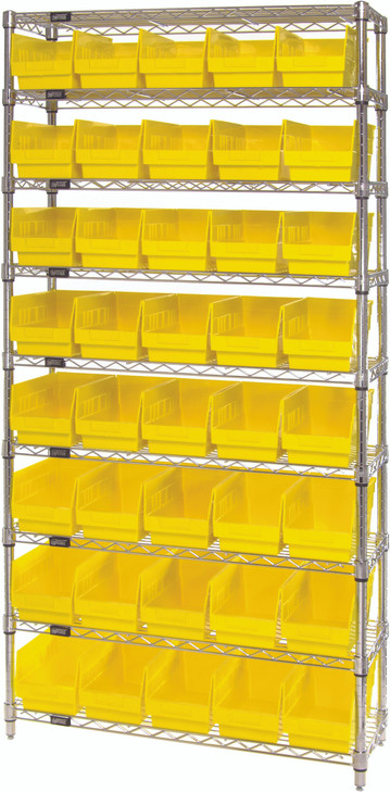 WR9-202YL Bin Wire Shelving System, 36"W x 12"D x 74"H overall size, 800 lb. capacity per shelf, includes: (9) wire shelves, (4) posts, and (40) QSB202 yellow bins, chrome plated finish