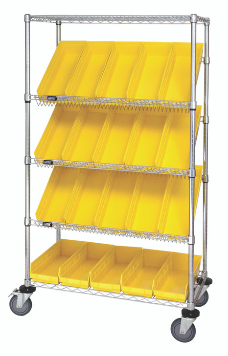 WRCSL5-63-1836-104YL Slanted Shelf Cart, 36"W x 18"D x 69"H, 1200 lbs load capacity, includes: (2) flat and (3) slanted shelves, and (20) QSB104 yellow bins, chrome plated finish, shipped KD