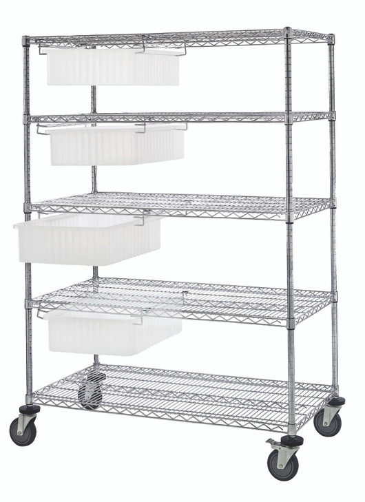WRC5-63-2460-92060CL Bin Cart System, 60"W x 24"D x 69"H, 1200 lb. load capacity, (4) modular drawers with dividable grid clear container included (DG92060), chrome plated finish, shipped KD