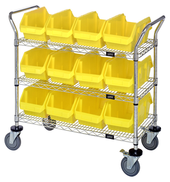 WRC3-1836-1887YL Utility Cart, 36"W x 18"D x 37-1/2"H, includes: (3) wire shelves, (12) 18-1/2"W x 8-3/8"D x 7"H (QP1887) yellow bins and (2) swivel casters, (2) with brake, chrome plated finish, shipped KD