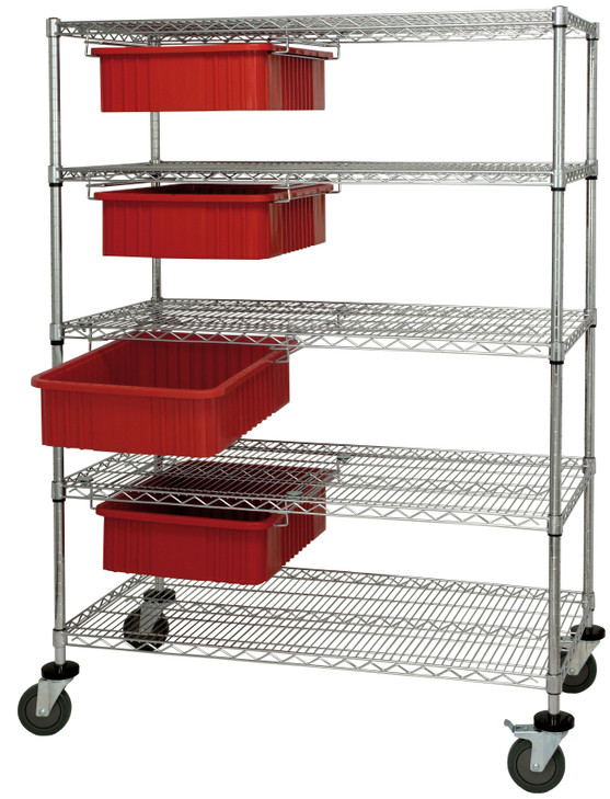 WRC5-63-2460-92060RD Bin Cart System, 60"W x 24"D x 69"H, 1200 lb. load capacity, (4) modular drawers with dividable grid red container included (DG92060), chrome plated finish, shipped KD