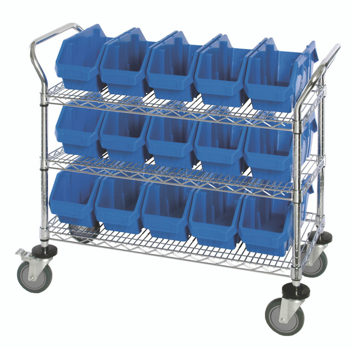 WRC3-1836-1265BL Utility Cart, 36"W x 18"D x 37-1/2"H, includes: (3) wire shelves, (15) 12-1/2"W x 6-5/8"D x 5"H (QP1265) blue bins and (2) swivel casters, (2) with brake, chrome plated finish, shipped KD