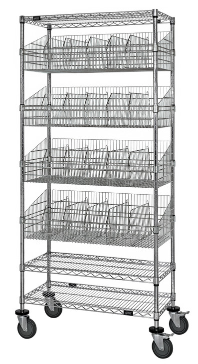 WRC74-1848-4BSKDLH Post Basket Cart, 48"W x 18"D x 80"H, 1200 lbs load capacity, includes: (3) wire shelves, (4) baskets, (20) dividers and (6) label holders, chrome plated finish, shipped KD