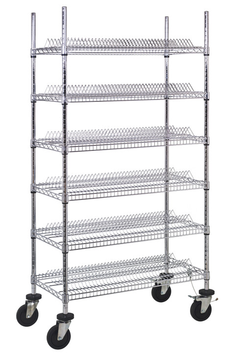 WRC-R468C Reel Shelving Cart, 36"W x 18"D x 69"H, includes: (6) 78-reel wire shelves, (4) conductive casters and drag chain, chrome plated finish