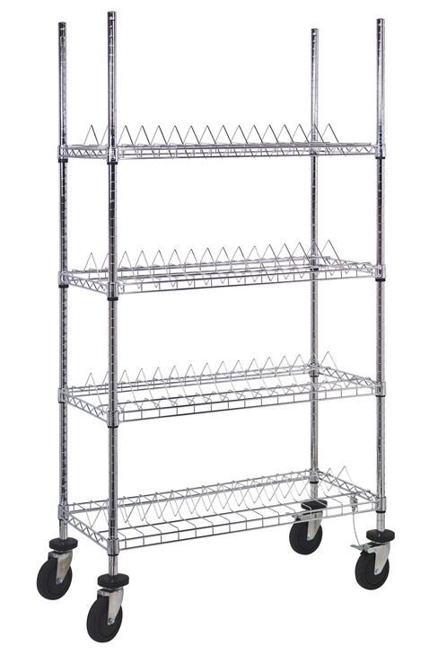 WRC-R60C Reel Shelving Cart, 36"W x 18"D x 69"H, includes: (4) 15-reel wire shelves, (4) conductive casters and drag chain, chrome plated finish