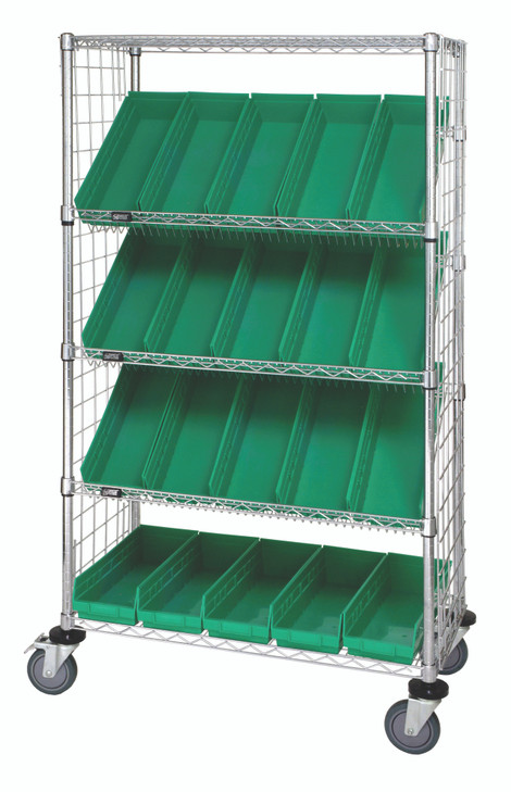 WRCSL5-63-1836EP-104GN Slanted Shelf Enclosure Cart, 36"W x 18"D x 69"H, 1200 lbs load capacity, includes: (2) flat and (3) slanted shelves, (20) QSB104 green bins and side enclosure panels, chrome plated finish, shipped KD