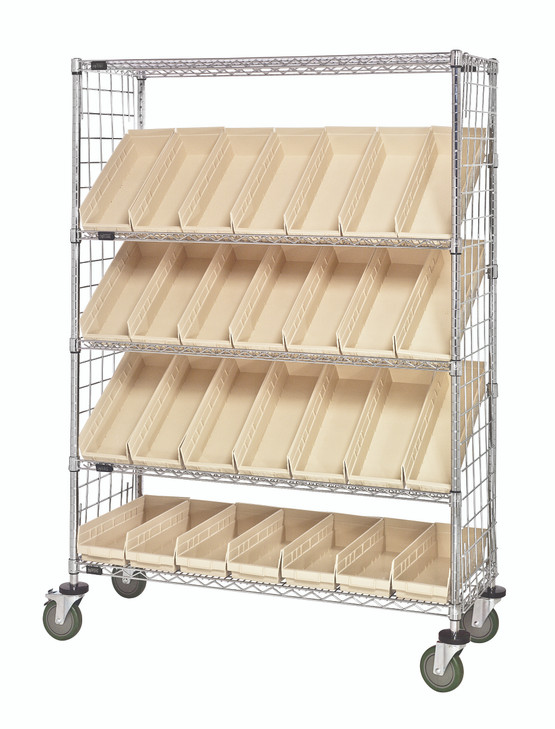 WRCSL5-63-1848EP-104IV Slanted Shelf Enclosure Cart, 48"W x 18"D x 69"H, 1200 lbs load capacity, includes: (2) flat and (3) slanted shelves, (28) QSB104 ivory bins and side enclosure panels, chrome plated finish, shipped KD