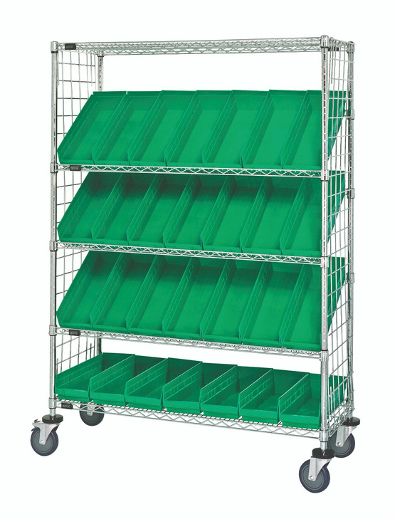 WRCSL5-63-2448EP-106GN Slanted Shelf Enclosure Cart, 48"W x 24"D x 69"H, 1200 lbs load capacity, includes: (2) flat and (3) slanted shelves, (28) QSB106 green bins and side enclosure panels, chrome plated finish, shipped KD