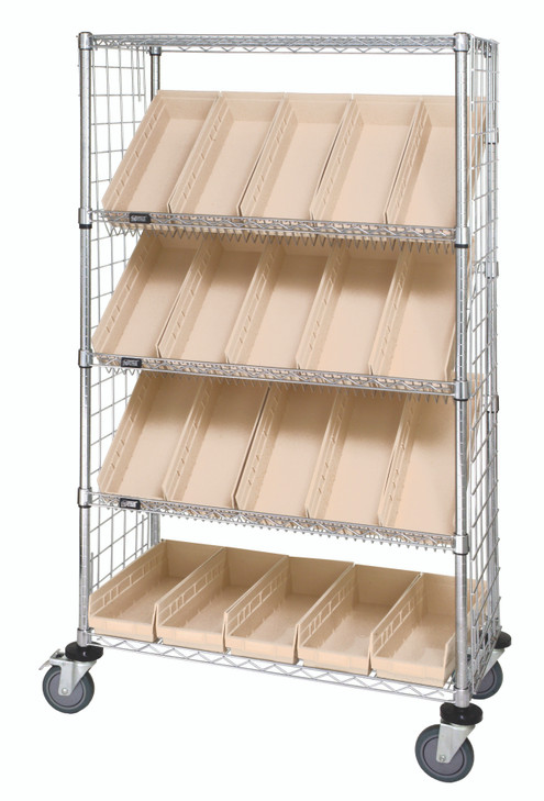 WRCSL5-63-2436EP-106IV Slanted Shelf Enclosure Cart, 36"W x 24"D x 69"H, 1200 lbs load capacity, includes: (2) flat and (3) slanted shelves, (20) QSB106 ivory bins and side enclosure panels, chrome plated finish, shipped KD